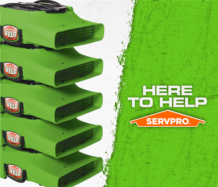 Several green SERVPRO air-movers. With the caption: HERE TO HELP